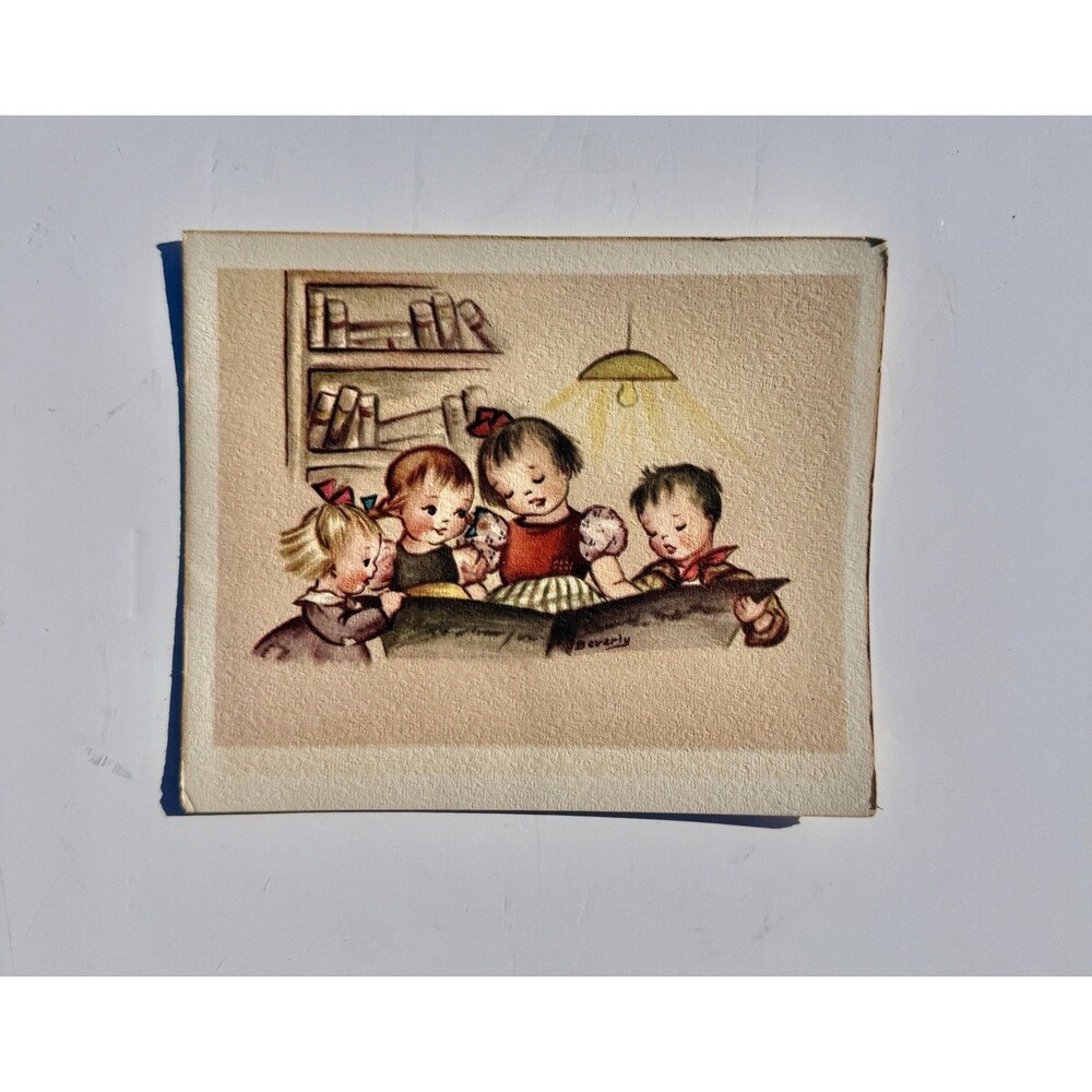Kids reading under a light-  vintage Christmas greeting card Children Vtg